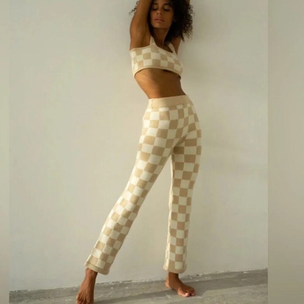 Belle the Label Checkered Beige and White Women's Pants